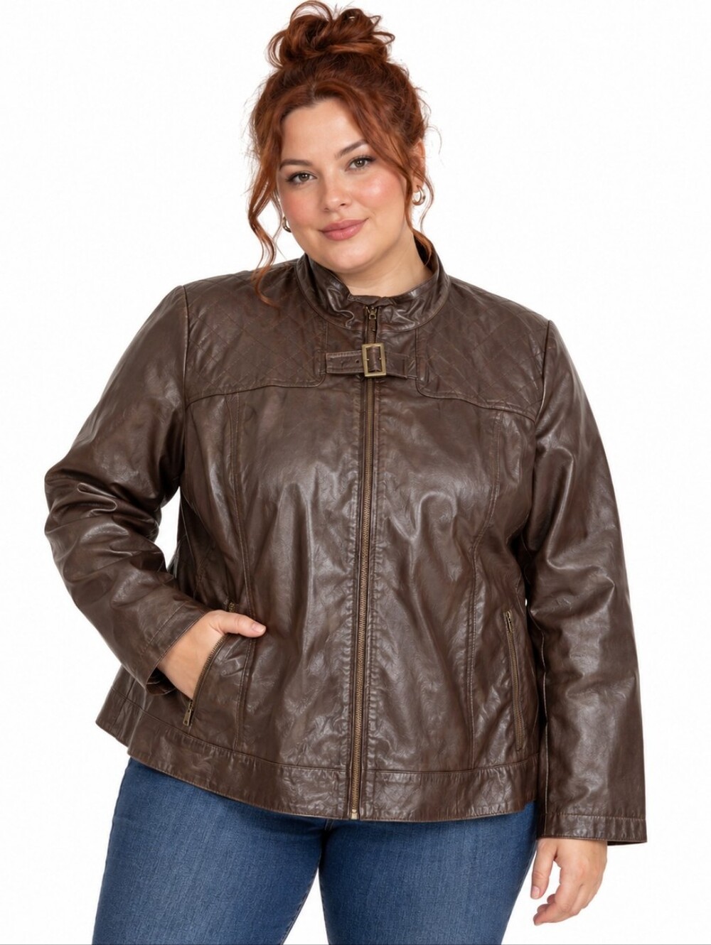 Jessica London Leather Jacket 26W Brown Plus Size 3X Quilted Moto